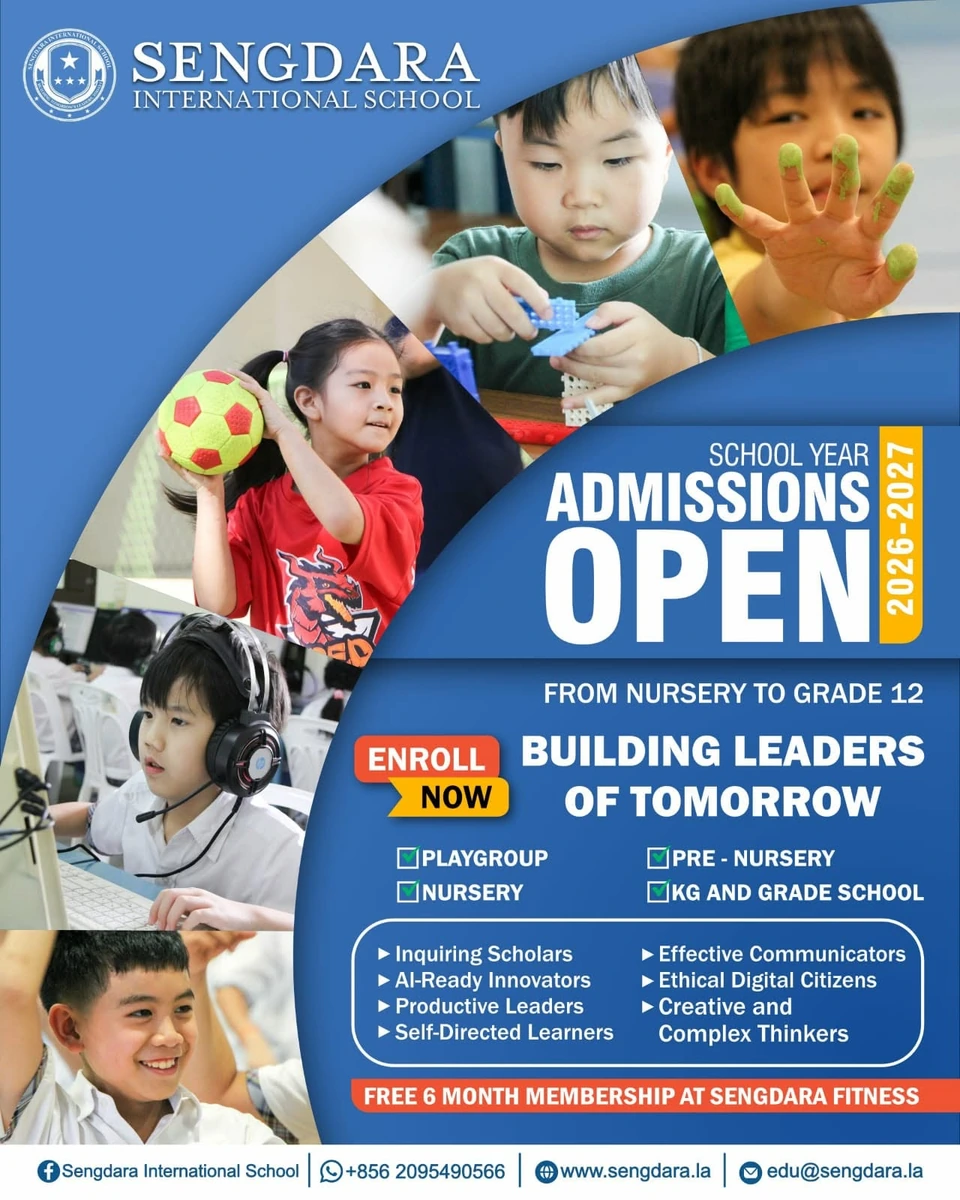 Sengdara International School Admissions Open 2026–2027 poster featuring primary learners, school programmes, and enrolment information.
